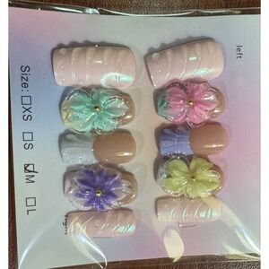 Square Colorful Pastel Press On Nails With 3D‎ Flower Design